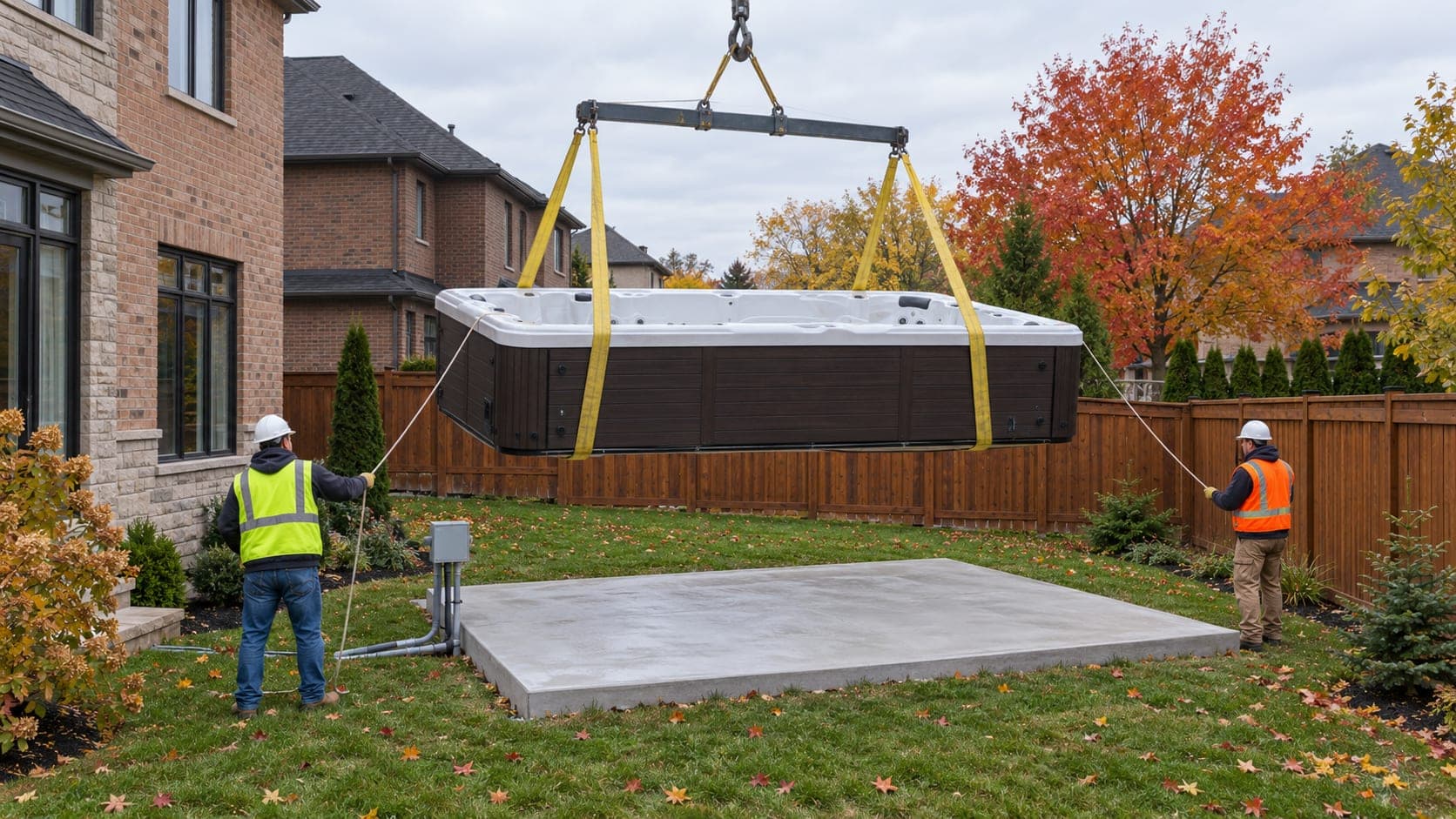 Two workers in hard hats guide an empty swim spa, hanging from yellow crane straps and a spreader bar, down onto a new concrete pad in a fenced autumn backyard, with an electrical disconnect box beside the pad
