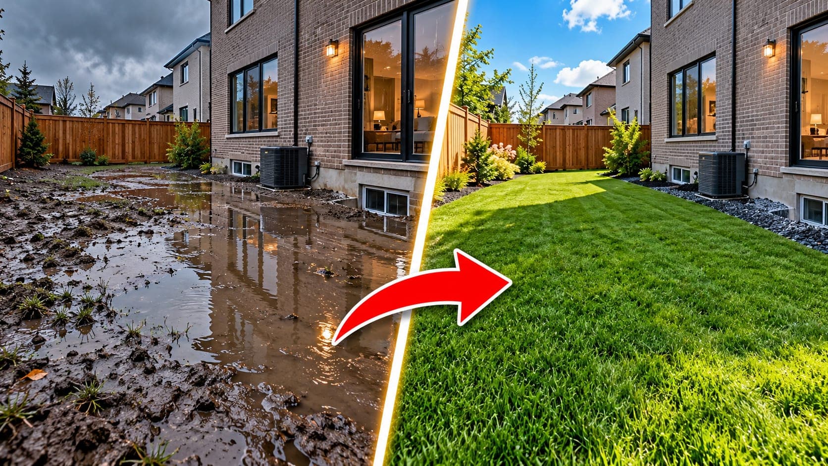Before and after split image of a backyard against a house foundation: muddy, flooded ground on the left, a regraded and freshly sodded green lawn on the right