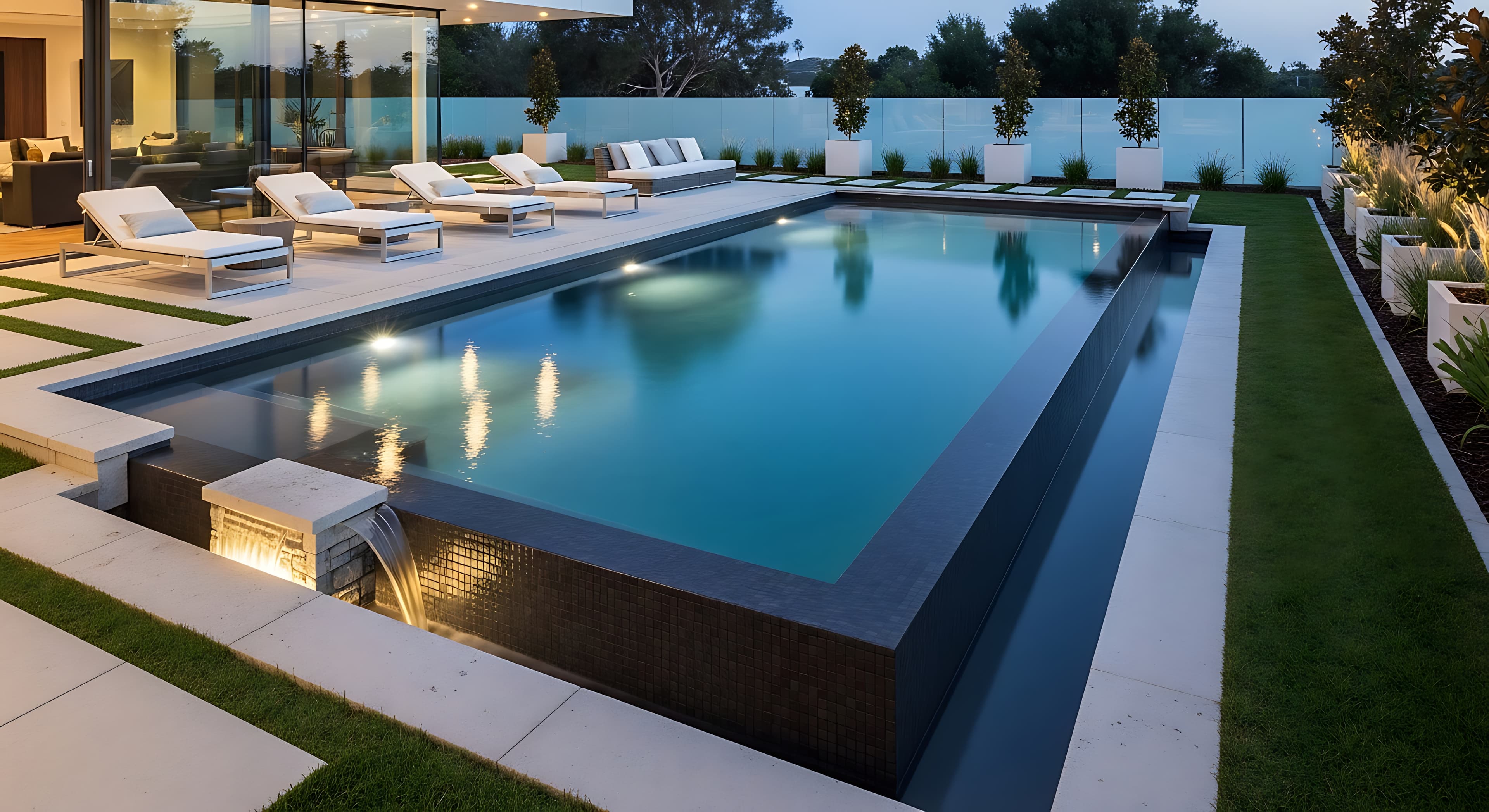 Modern outdoor swimming pool at dusk